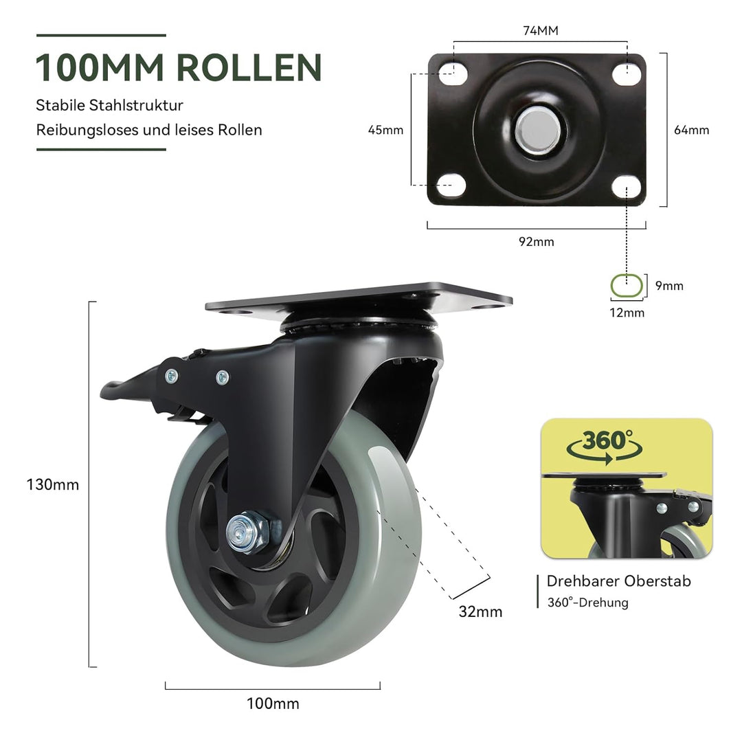 BAOLIHUI 100mm Graue Schwerlastrollen - 4er Set Lenkrollen mit Bremsen bis 600KG inkl. Montagezubehö