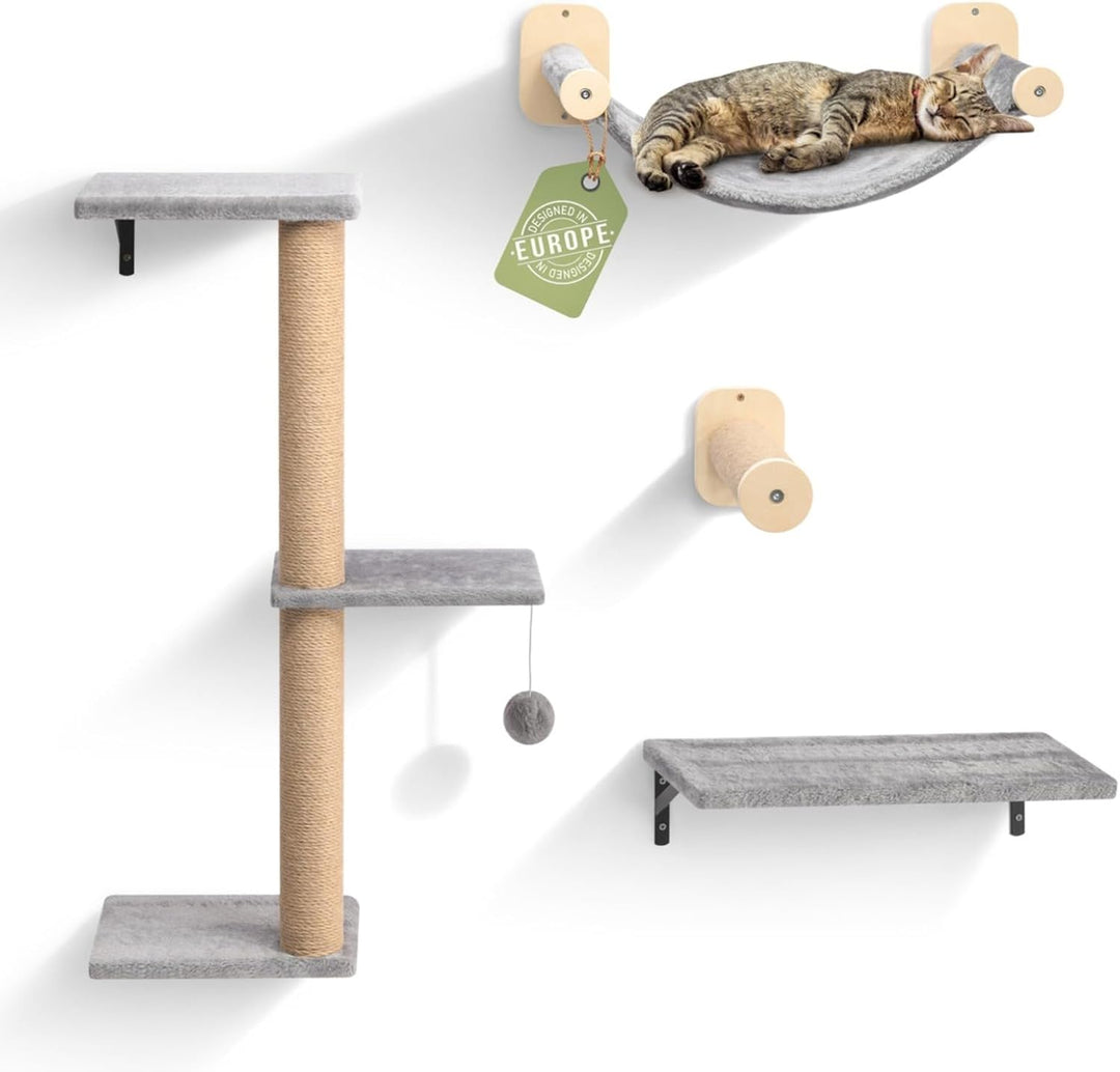 WOOWOOD® Kletterwand Katzen Set inkl. Katzentreppe Wand I Kratzbaum Wand I Hängematte Katze I Wandkr