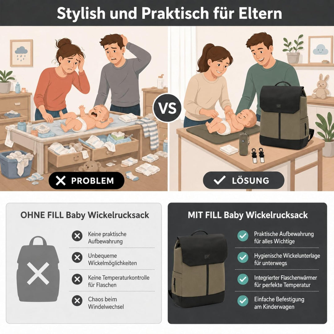 FILL Baby Wickelrucksack Exklusiv | Grosse Wickeltasche Mama Rucksack mit Flaschenwärmer und Wickelu