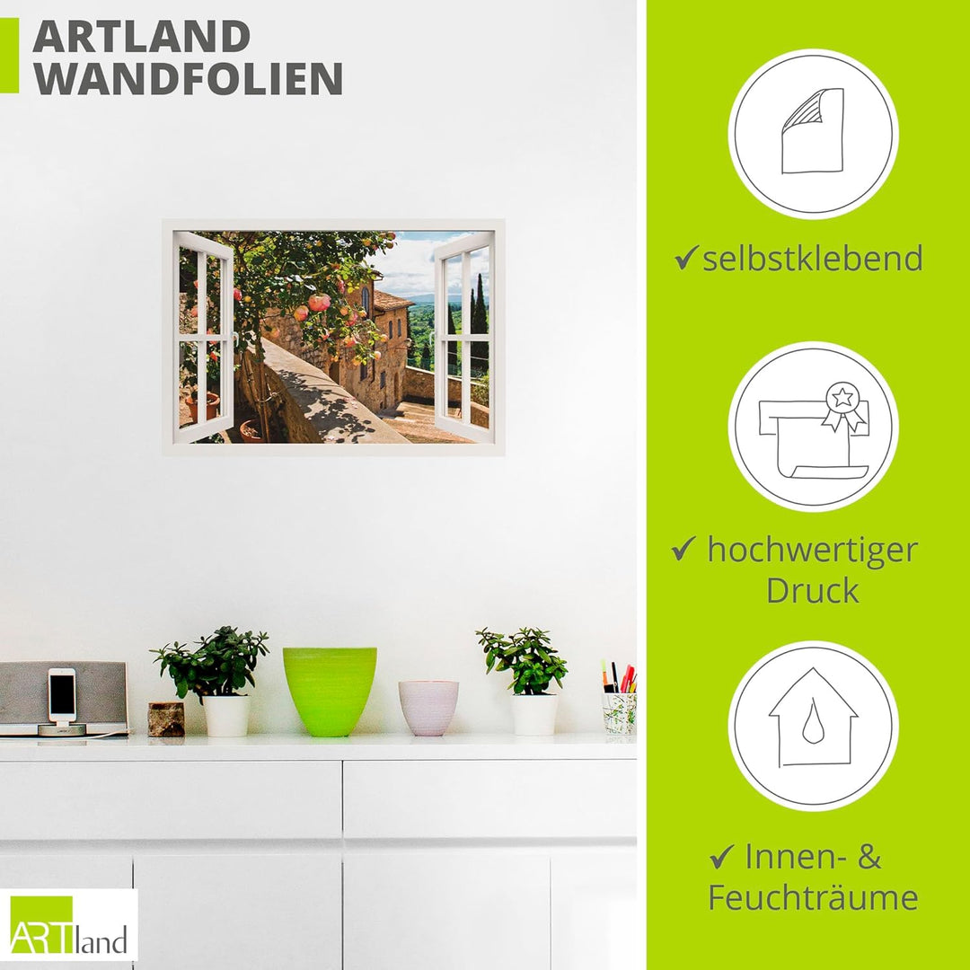 ARTland Wandbild selbstklebend Vinylfolie 100x70 cm Fensterblick Fenster Toskana Landschaft Garten R