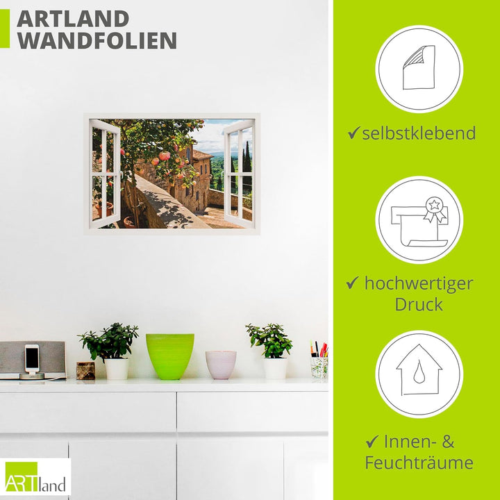 ARTland Wandbild selbstklebend Vinylfolie 100x70 cm Fensterblick Fenster Toskana Landschaft Garten R