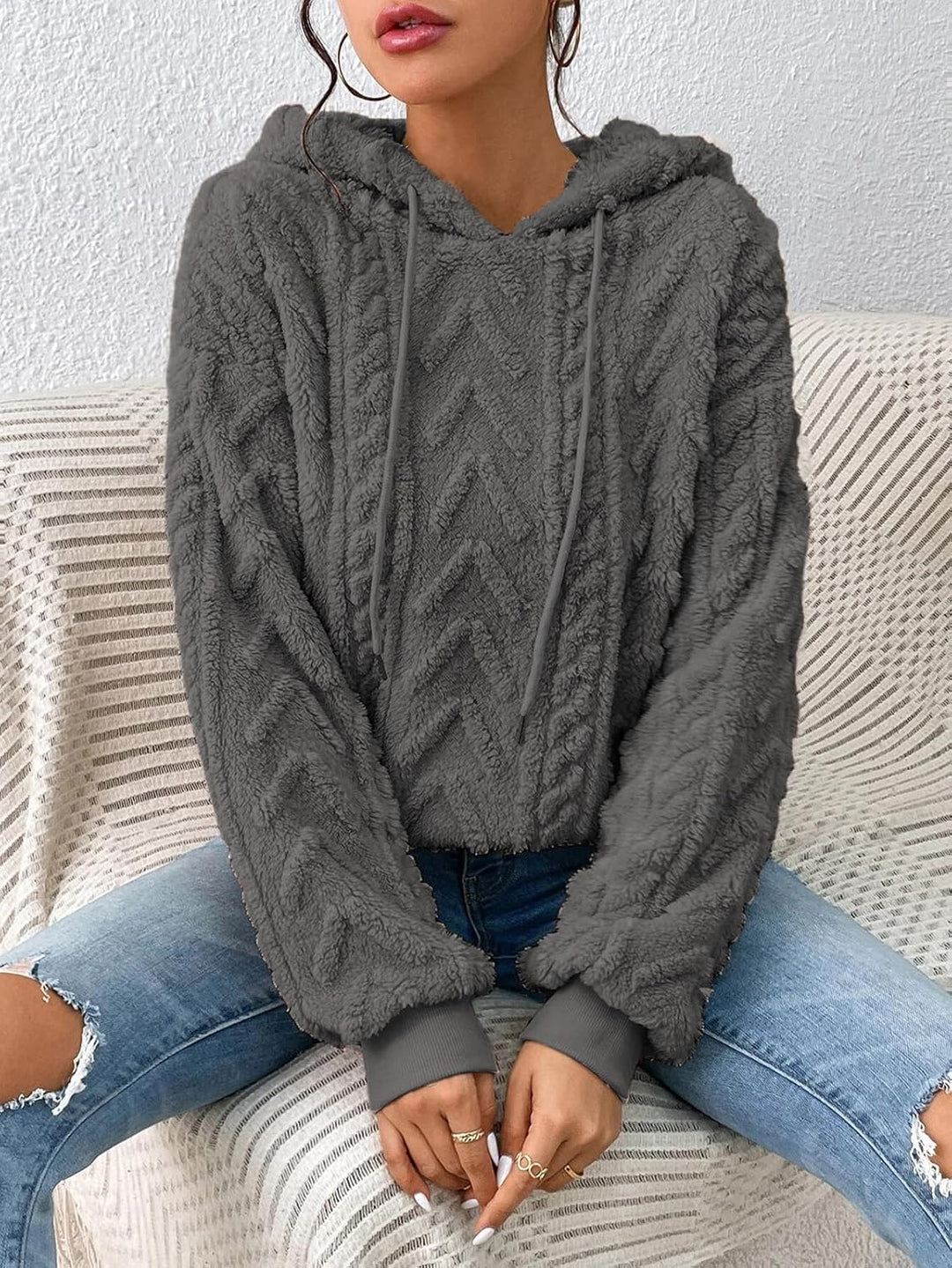Zetieny Hoodie Damen Kapuzenpullover Teddy Fleece Double Fuzzy Fluffy Jacquard Pullover Lässiges War