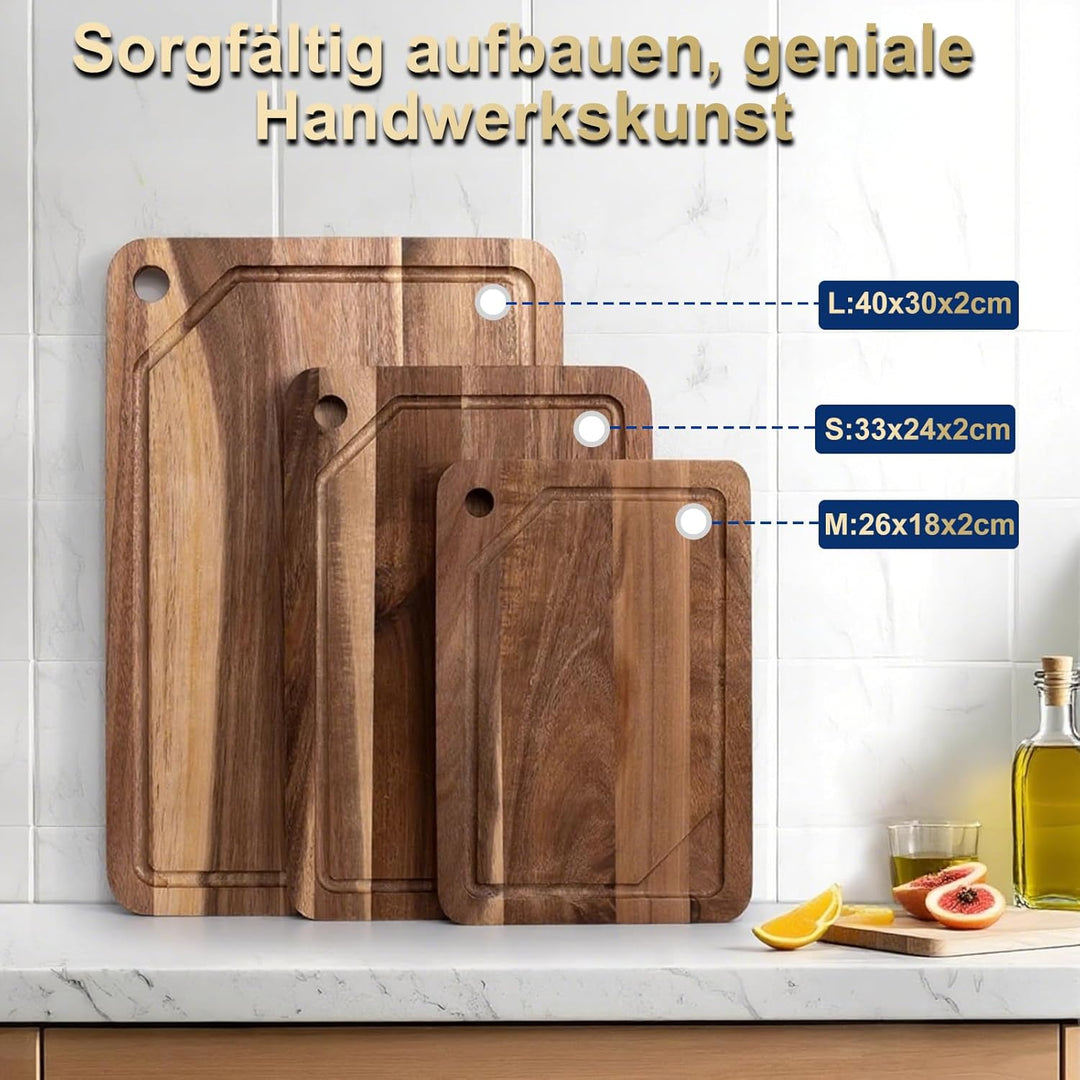 3er Schneidebrett Holz Set(26 * 18, 33 * 24, 40 * 30), Massiver Akazie Holzbrett mit Saftrille, 2cm
