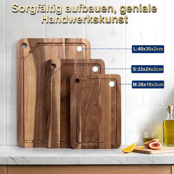3er Schneidebrett Holz Set(26 * 18, 33 * 24, 40 * 30), Massiver Akazie Holzbrett mit Saftrille, 2cm