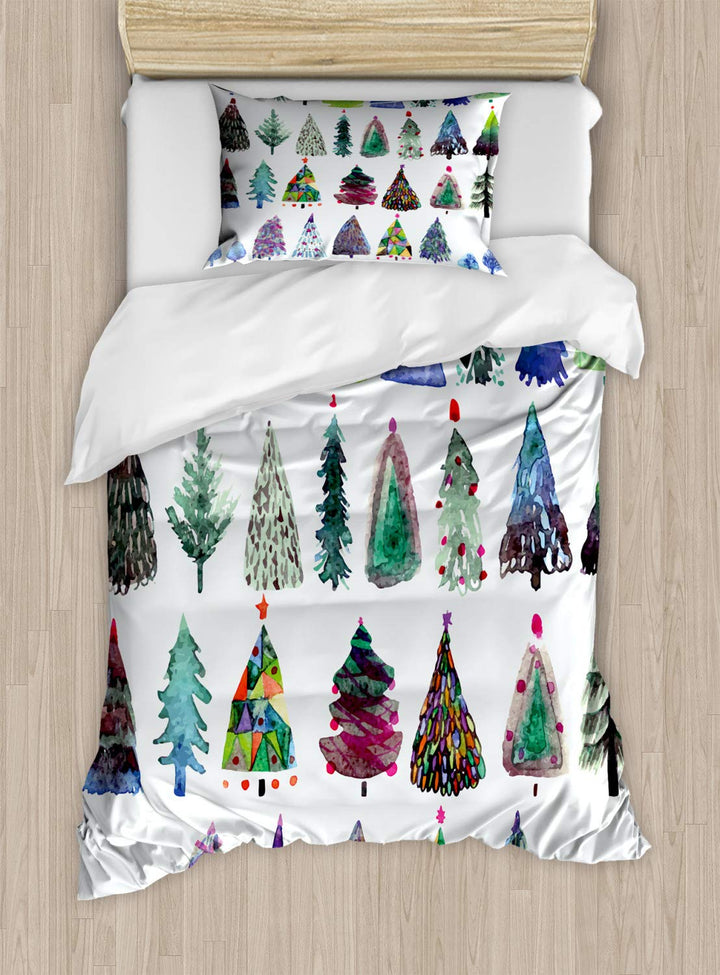ABAKUHAUS Weihnachten Bettbezugs Set für Einzelbetten, Aquarell Tannenbaum, Milbensicher Allergiker