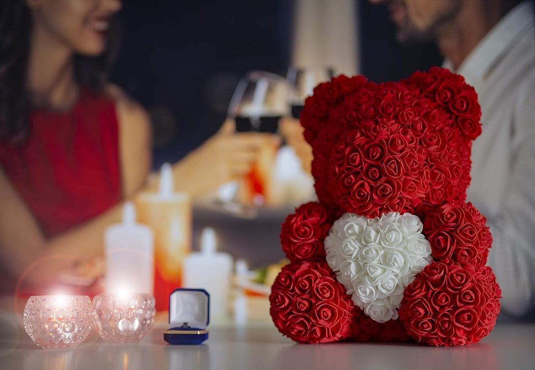 Rosen Bär Blumenbär mit Geschenkbox, Geburtstagsgeschenk für Frauen, Geschenk für Freundin zum Gebur