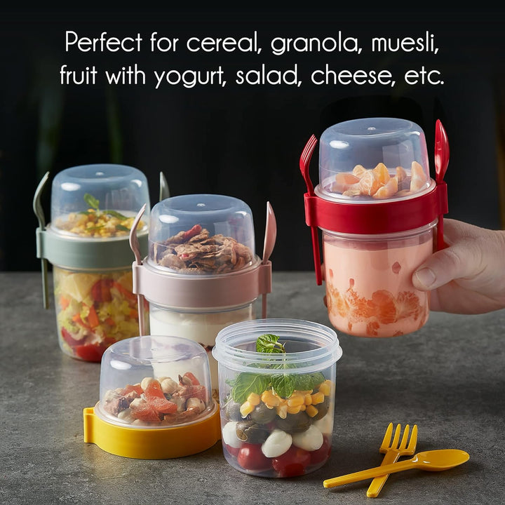 CRYSTALIA Müslibecher to Go mit Löffel & Gabel Set 4, 100 % BPA-FREI Joghurt Becher to Go mit Deckel
