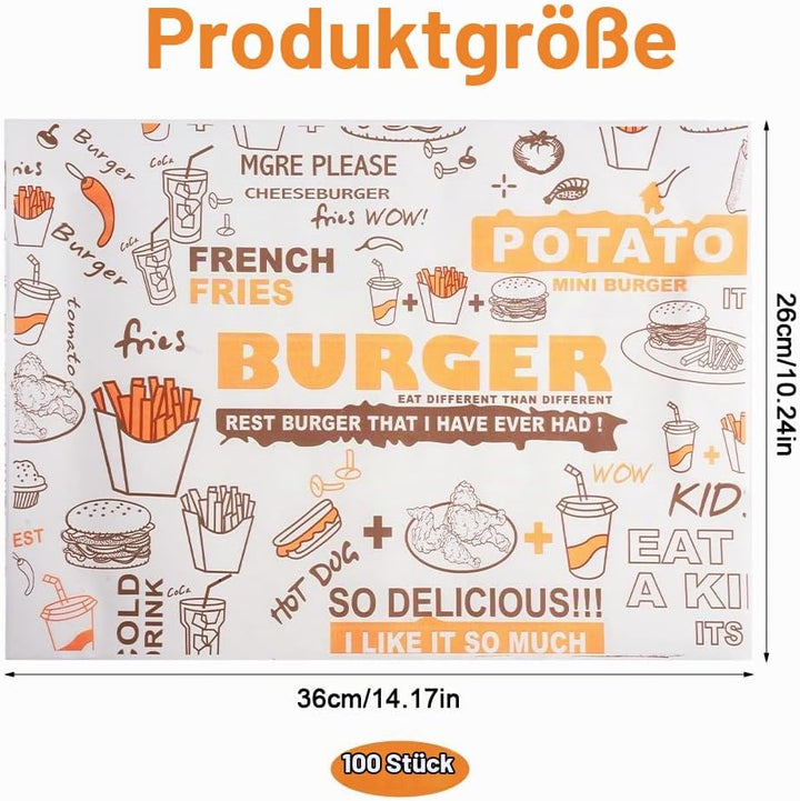 100 Blatt Burgerpapier Fettdicht, 36 x 26 cm Käsepapier, Wasserdicht und öl Wachspapier, Butterbrotp
