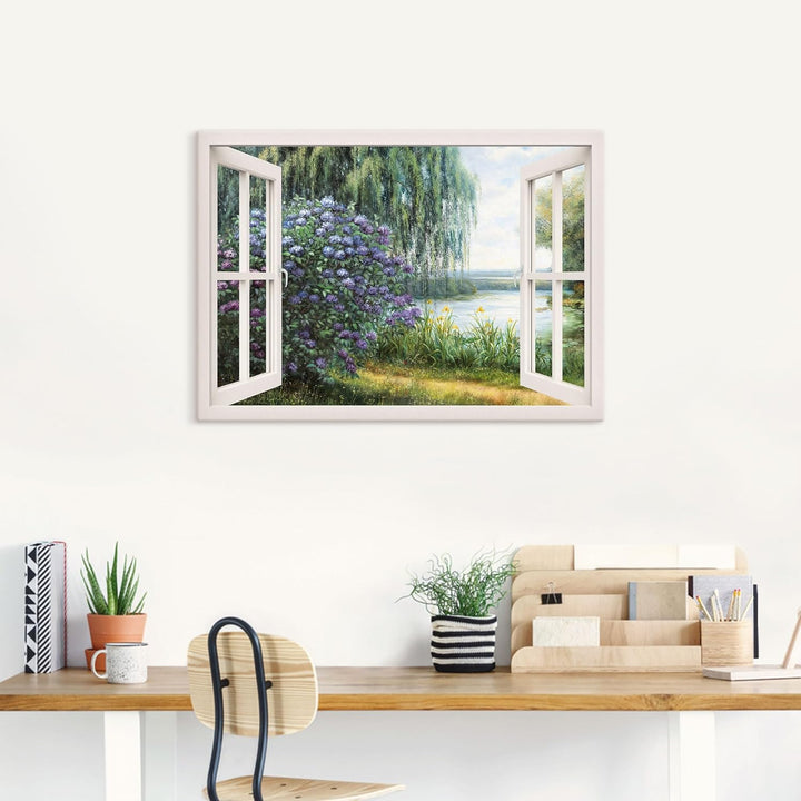 ARTland Leinwandbilder Wandbild Bild auf Leinwand 100x70 cm Landschaften Fensterblick J4WF Hortensie