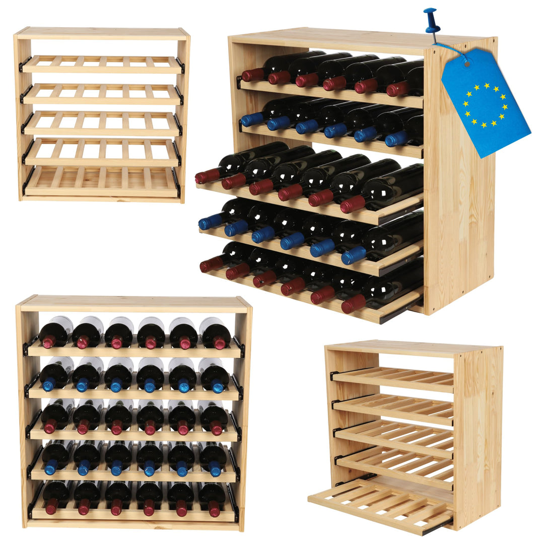 Flaschenregal mit Auszugsböden, Weinregal Massivholz für 30 Flaschen, Weinschrank, Modulares Weinstä
