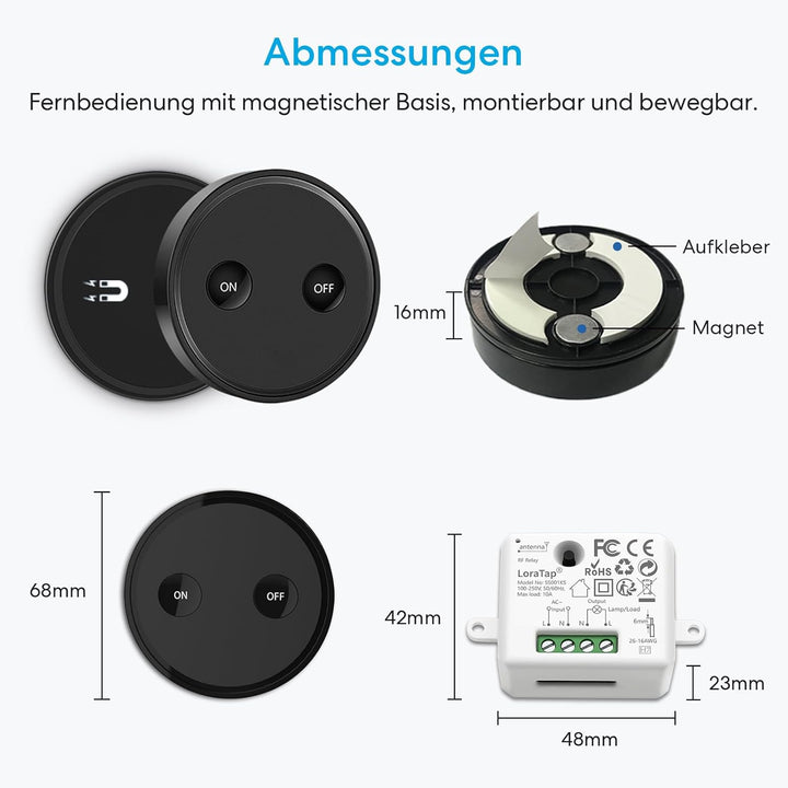 LoraTap Funk Lichtschalter Set mit 1 schwarzer Fernbedienung und 1 Empfänger, 230V Funk Einbauschalt