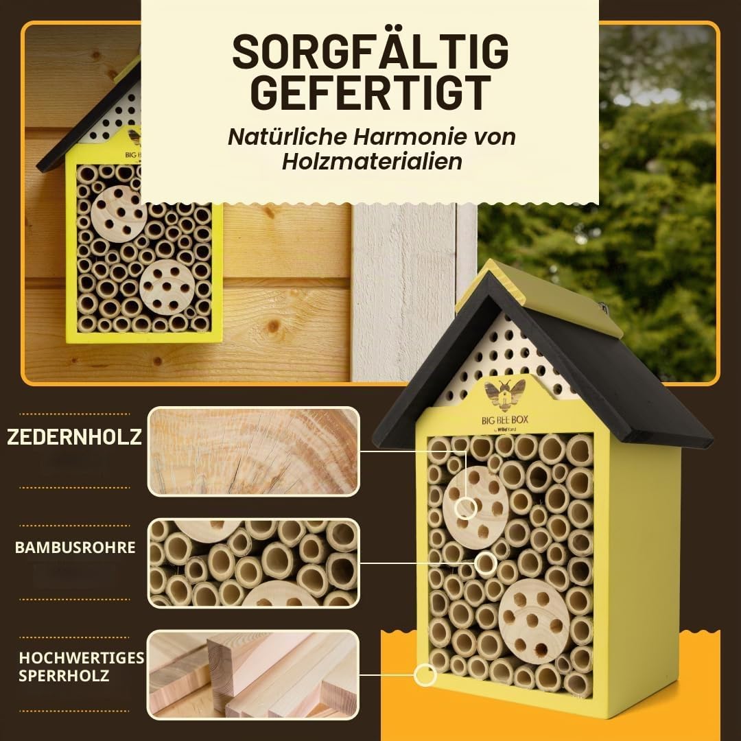 WildYard Big Bee Box - Bienenhaus aus Holz für Draussen, Gelb - Lockt Mauerbienen am Balkon - Kompak