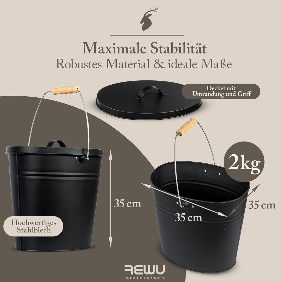 ReWu Stahleimer Ascheeimer Mehrzweckeimer oval mit Deckel für heisse Glut und Asche - Grösse 15 l -