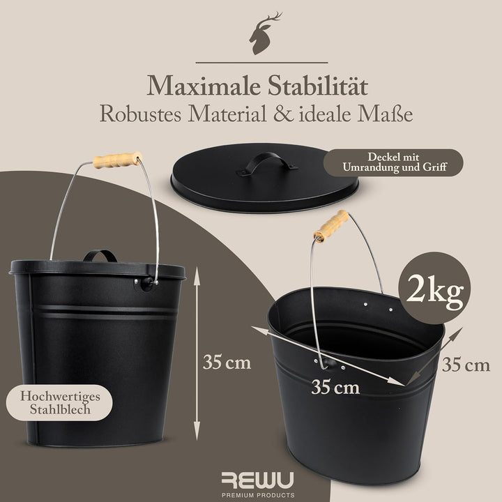 ReWu Stahleimer Ascheeimer Mehrzweckeimer oval mit Deckel für heisse Glut und Asche - Grösse 15 l -