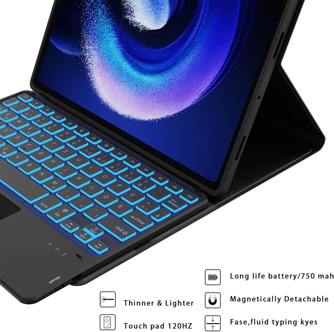 für Xiaomi Pad 6/Pad 6 Pro 11 Zoll Hülle mit Tastatur : 7-Farbiger Beleuchtung, Smart Touchpad, Abne