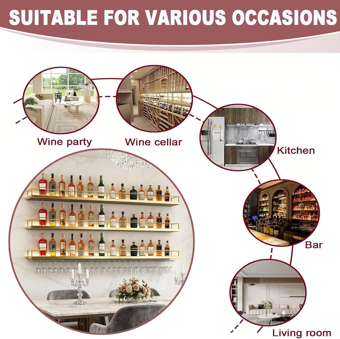 200CM Weinregal Wand mit Glashalter, 3 Ebenen Metallbar Weinpareite Display Rack, Modernes Weinregal