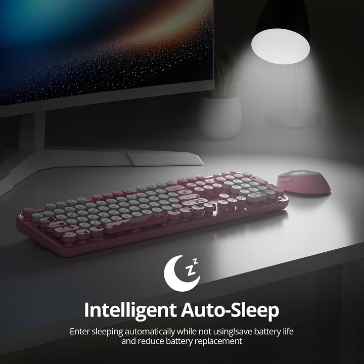 SOLIDEE kabellose Tastatur- und Maus-Kombination,Retro-Schreibmaschinen-Tastatur,2.4GHz runde Tasten