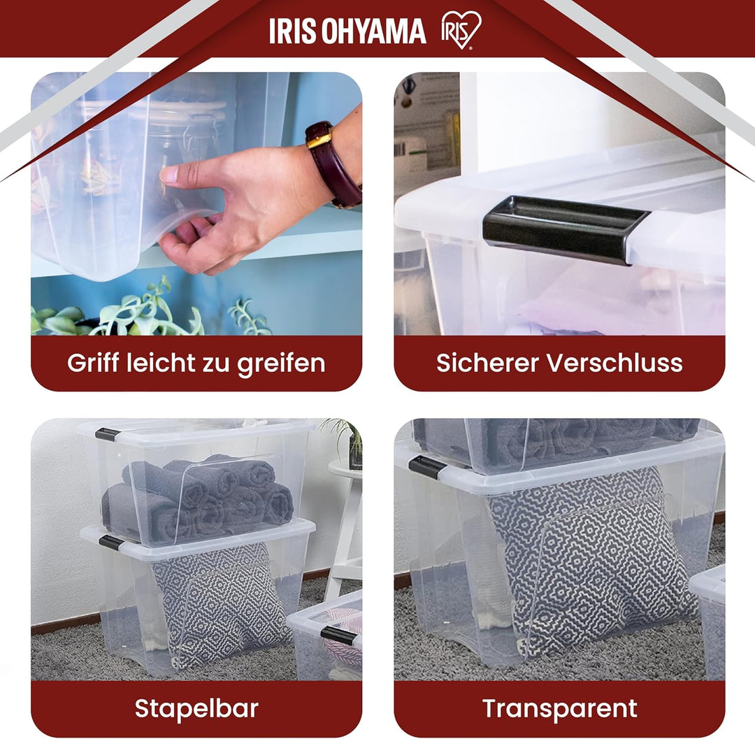 Iris Ohyama, 2er-Set, Aufbewahrungsboxen, 60 L, mit Clips, stapelbar, Wohnzimmer, Schlafzimmer, Gara