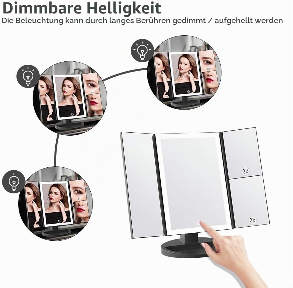 WEILY Schminkspiegel, Dreifach Gefalteter Kosmetikspiegel mit 2X /3X Vergrösserung, 36 LED-Leuchten