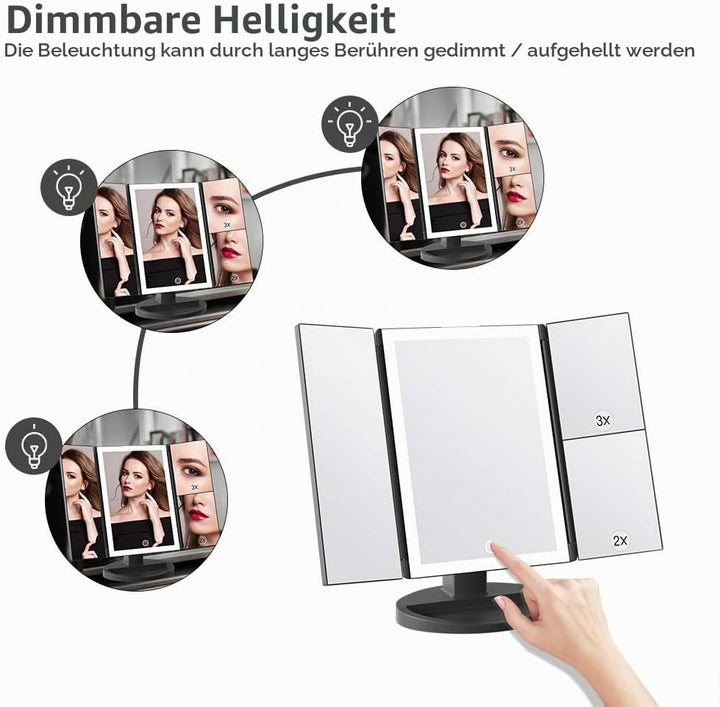 WEILY Schminkspiegel, Dreifach Gefalteter Kosmetikspiegel mit 2X /3X Vergrösserung, 36 LED-Leuchten