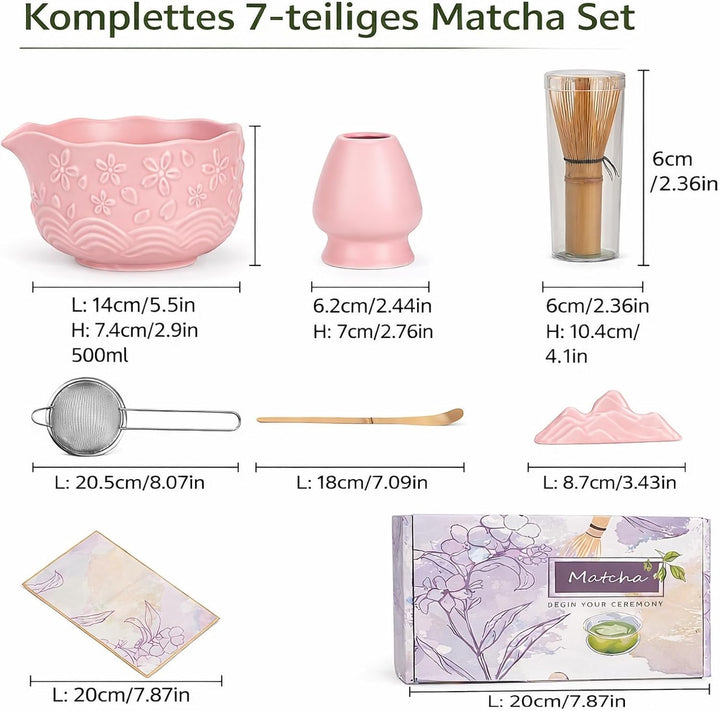 7PCS Matcha Set，500ML Ceramic Matcha Bowl with Spout，Matcha Broom and Holder, Bamboo Scoop, Stainles