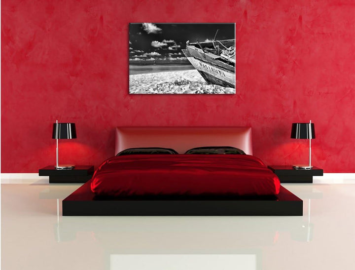Monocrome, Boot am Strand, Format: 100x70 auf Leinwand, XXL riesige Bilder fertig gerahmt mit Keilra