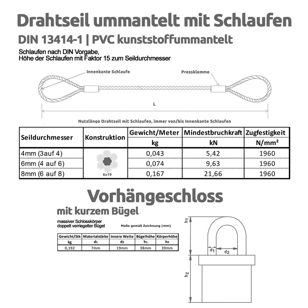 Drahtseile24 Stahlkabel Schwarz, Seilschloss, Stahlseil ummantelt mit Ösen & Schloss – Kabelschloss