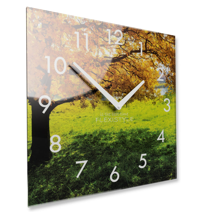 FLEXISTYLE Wanduhr küche Wohnzimmer 30 x 30 cm, aus Glas, mit Direktdruck eckig modern (HERBSTBAUM),