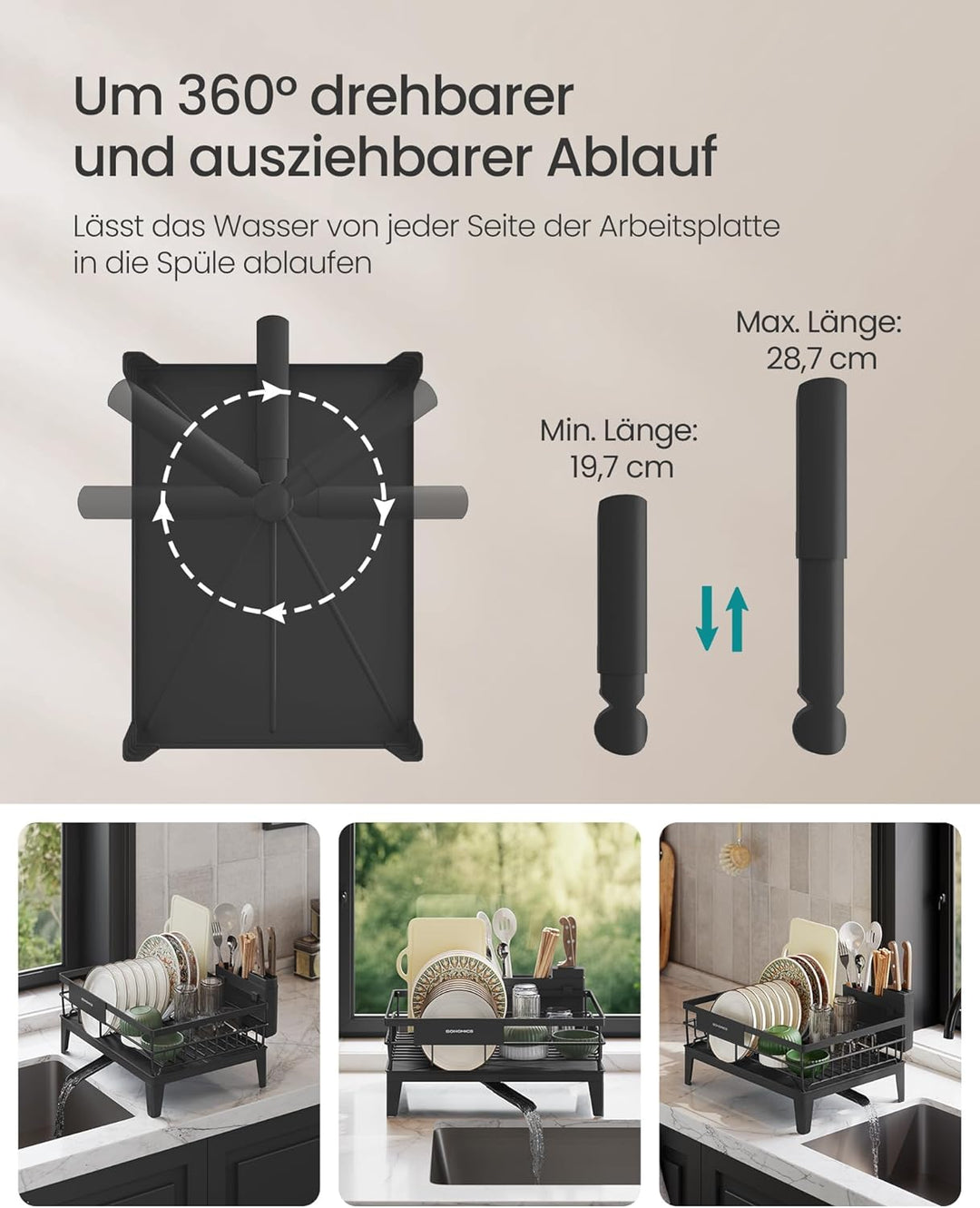 SONGMICS Abtropfgestell Geschirr, Geschirr-Abtropfständer, 360° drehbarer und ausziehbarer Ablauf, A