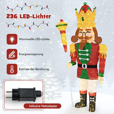 COSTWAY Weihnachten Nussknacker Figur gross, beleuchtete Weihnachtsdeko XXL, 180 cm Nussknackerkönig