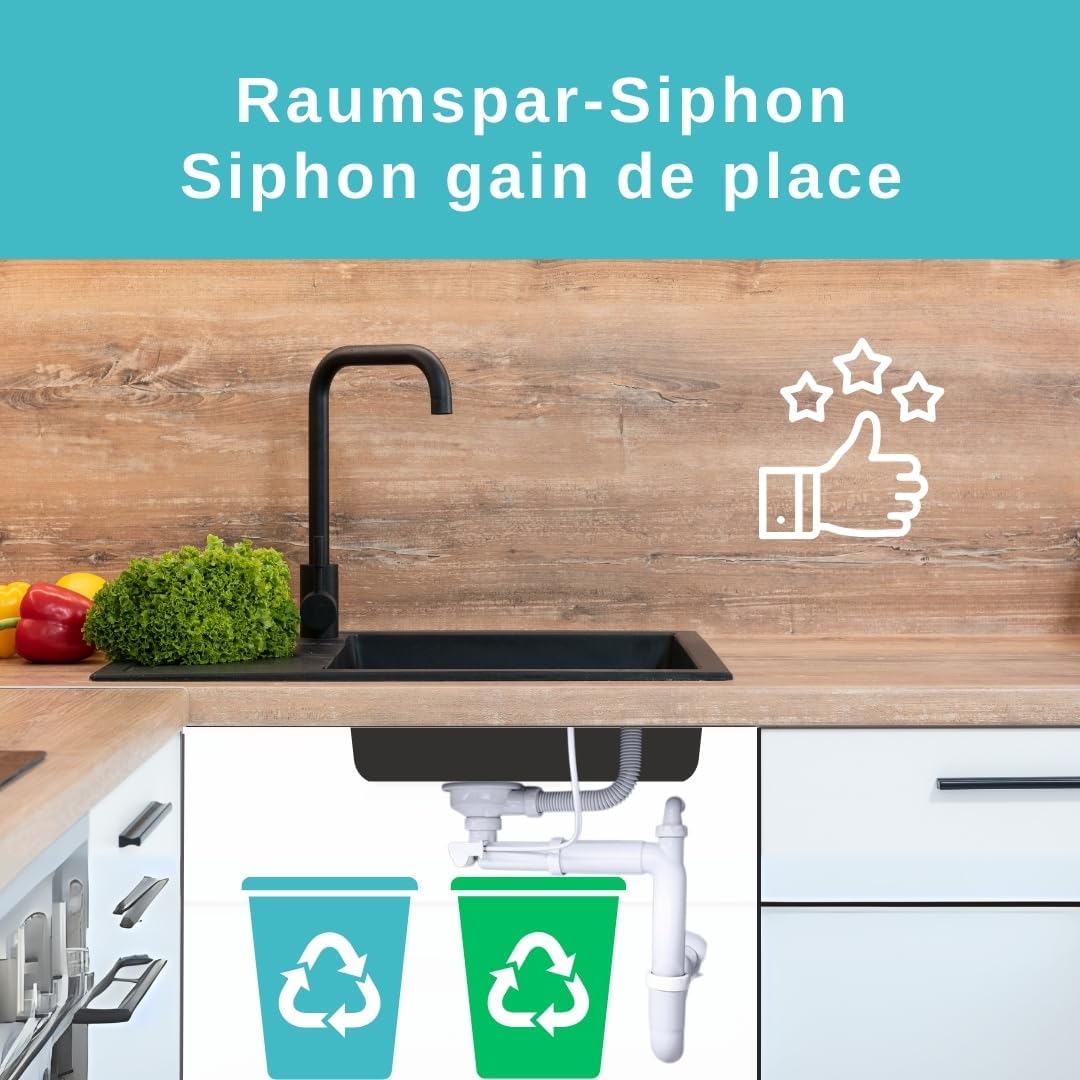 GRANMASTER Manuelle Platzsparender 2-Kammer-Siphon mit überlauf - Ablaufgarnitur für Spüle - Made in