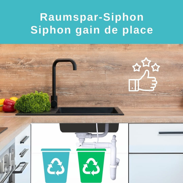 GRANMASTER Manuelle Platzsparender 2-Kammer-Siphon mit überlauf - Ablaufgarnitur für Spüle - Made in