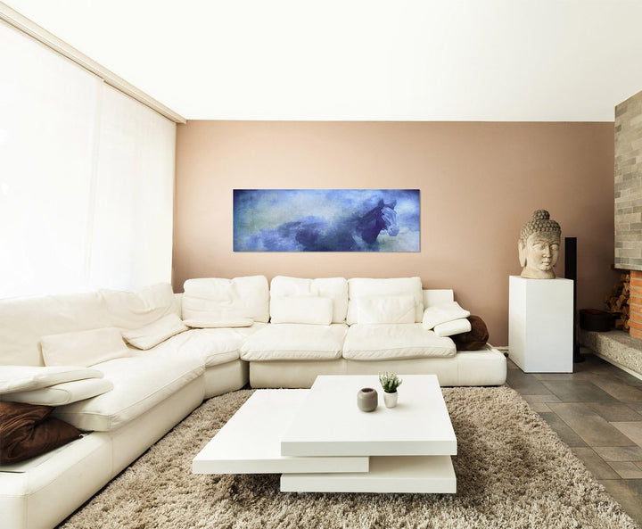 Paul Sinus Art Panoramabild auf Leinwand und Keilrahmen 150x50cm Gemälde Wasserfarben Pferd Nebel