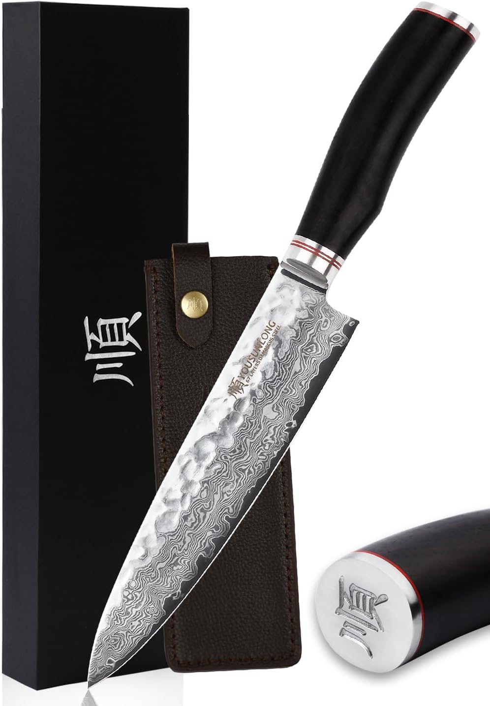YOUSUNLONG Kochmesser 8 Zoll Gyuto Japanisch Gehämmerter Damaststahl Natur Bleiholzgriff mit Ledersc
