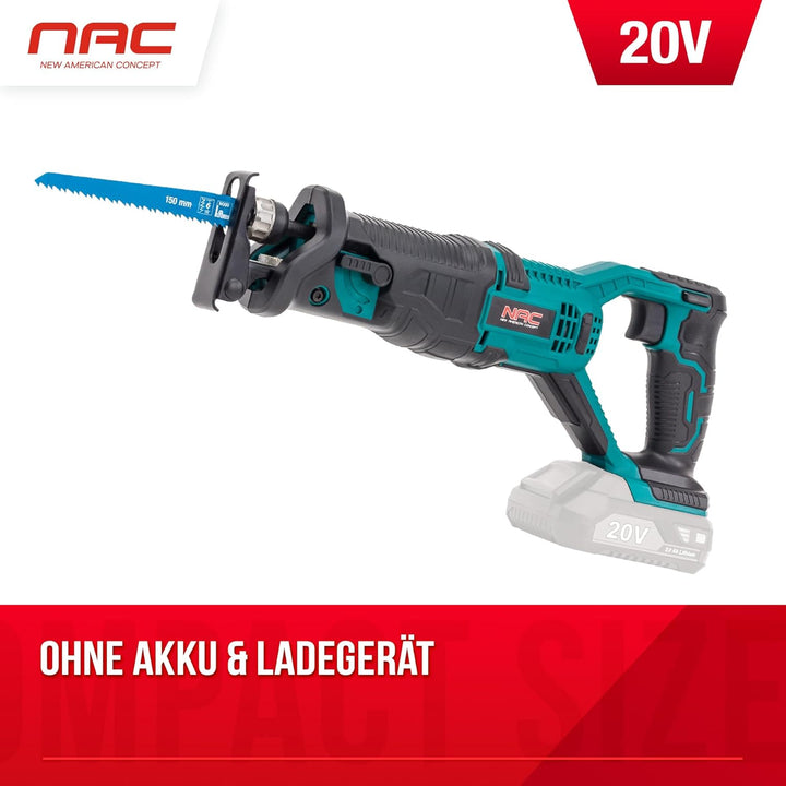 NAC Akku Säbelsäge 20V Li-Lon Akku 2.0Ah mit Ladegerät und 2x Reciprosägeblätter 20mm Nur Gerät, Nur