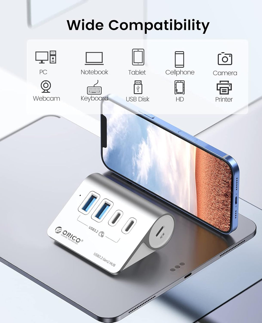 ORICO USB Hub, USB 3.2 Gen 1 Verteiler mit 2 USB-A Port und 2 USB-C Port, Aliuminum USB Splitter mit