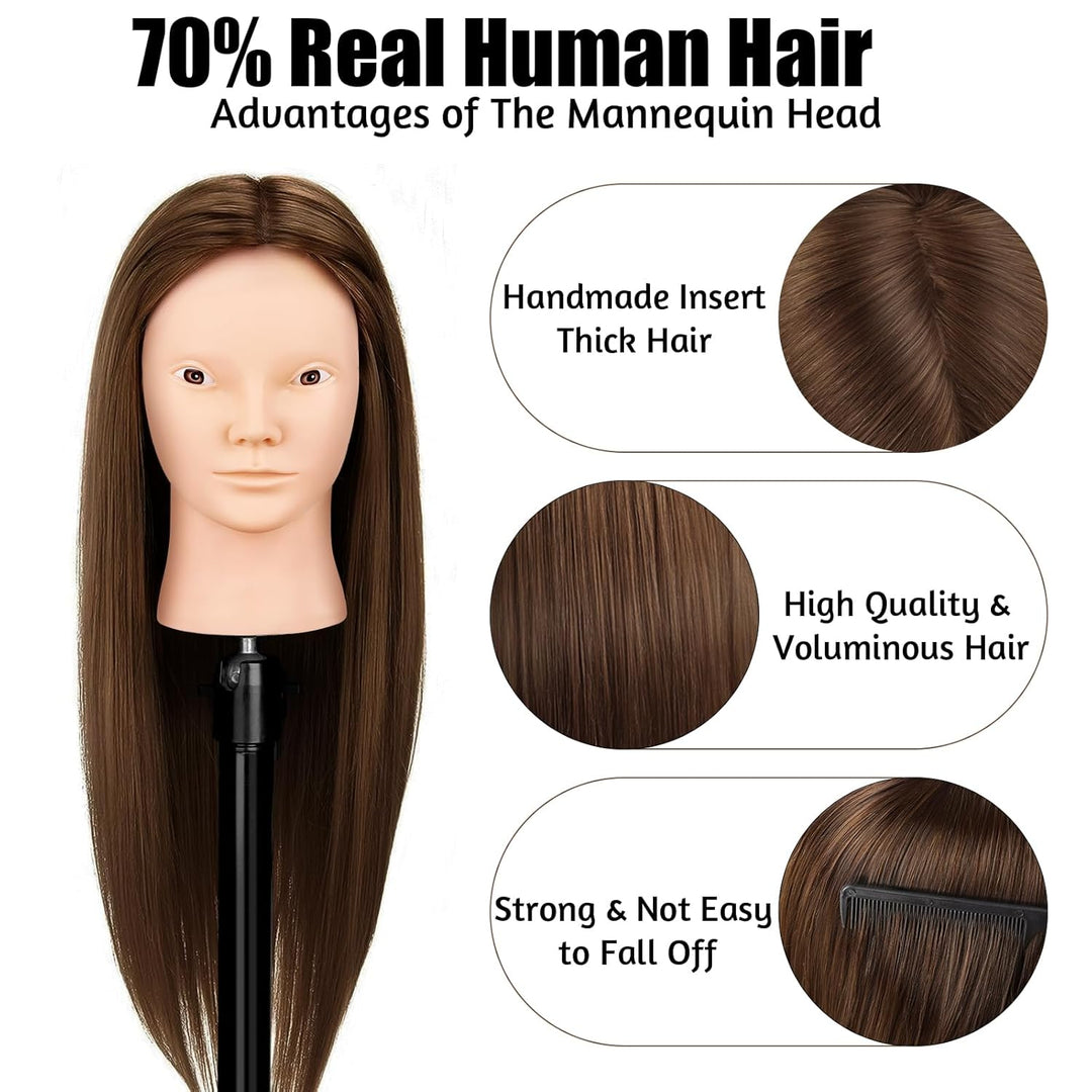 Frisierkopf Echthaar, TopDirect 66cm/26 Zoll 70% Echtes Haar Ubungskopf Friseur Trainingskopf mit Fl