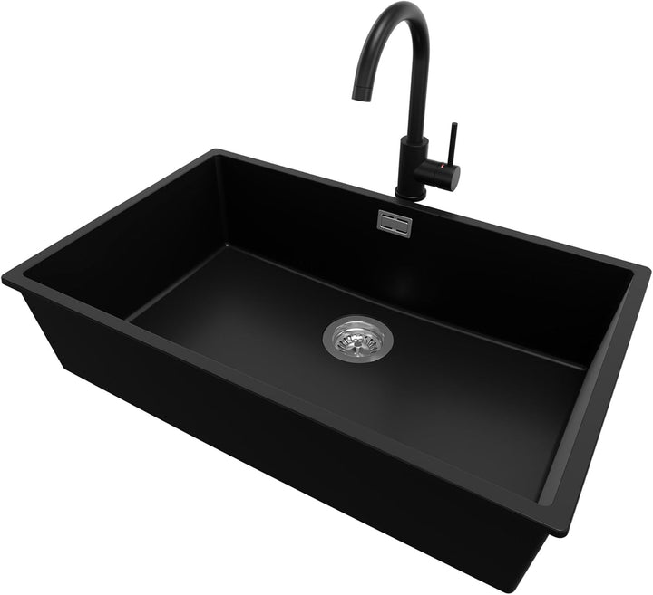 Spülbecken Schwarz 75.5 x 45 cm, Granitspüle + Siphon Klassisch + Küchenarmatur, Küchenspüle ab 80er