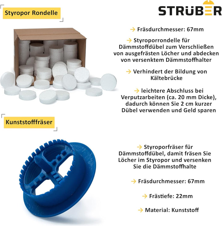 WDVS SET (Weiss Styropor Rondelle 200 Stk. + Styroporfräser 1 Stk.) Satz für Fassadendämmung Wärmedä