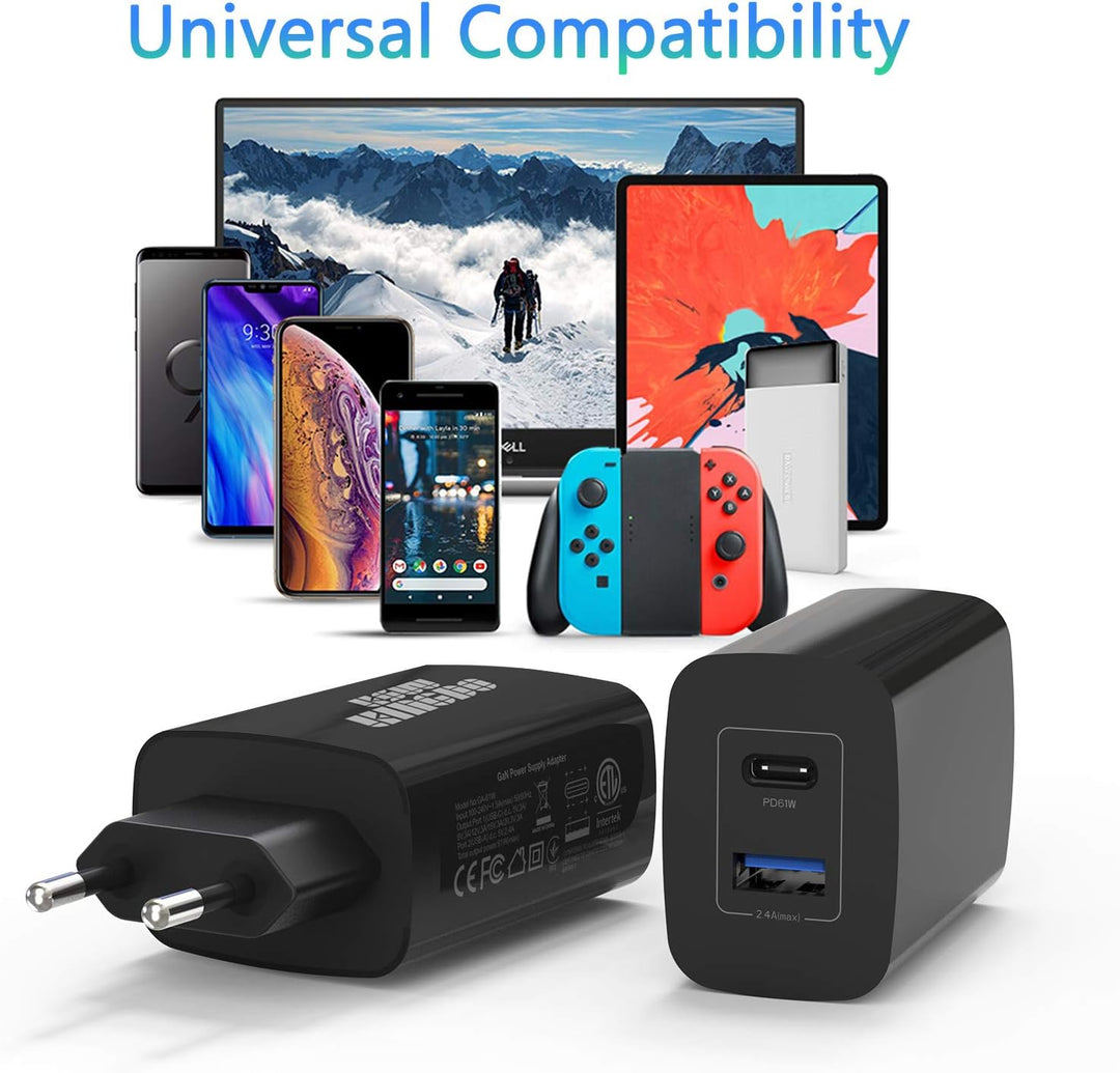 Kompaktes 61W GaN Tech USB-C-Wandladegerät, Doppel-Port mit USB-A und USB-C, USB-C Laptops, Galaxy,
