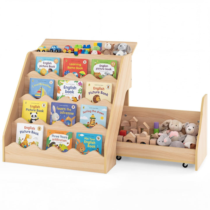 COSTWAY 4 stufiges Kinder Bücherregal, Kinderregal mit aufklappbaren Fach & Schublade auf Rollen, Sp