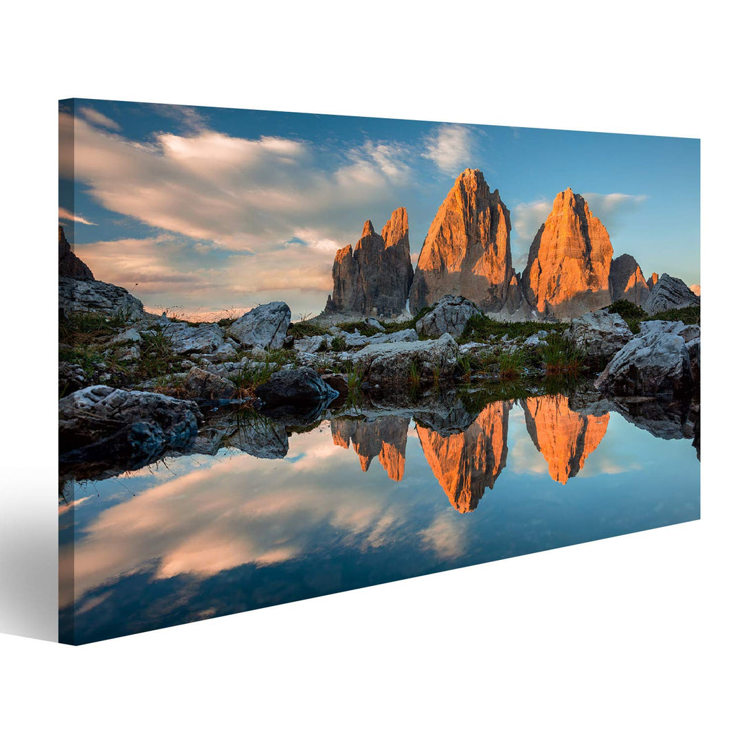 islandburner Bild Bilder auf Leinwand DREI Zinnen oder TRE Cime di Lavaredo mit Reflexion im See bei