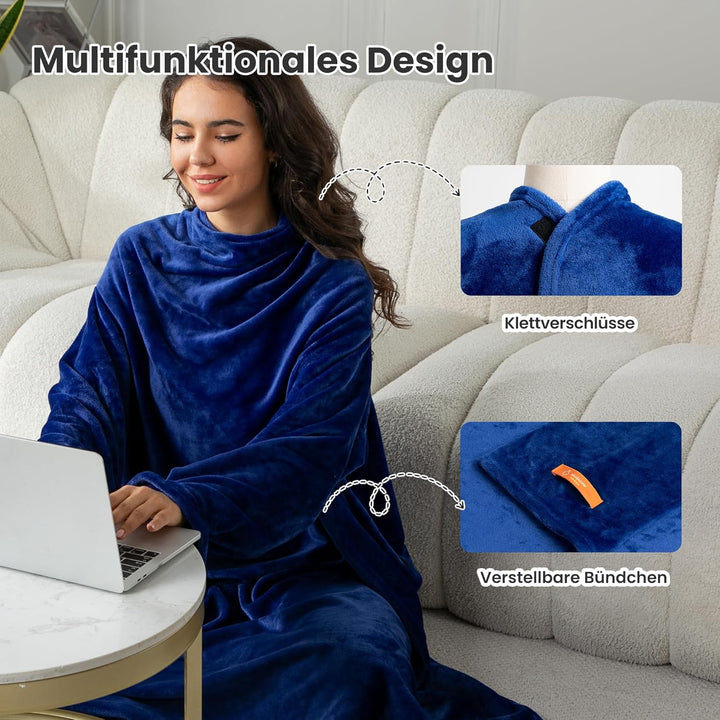 Winthome Decke mit Ärmeln, Kuscheldecke Weich Warm Flauschig, Tragbare Decke mit Klettverschluss und