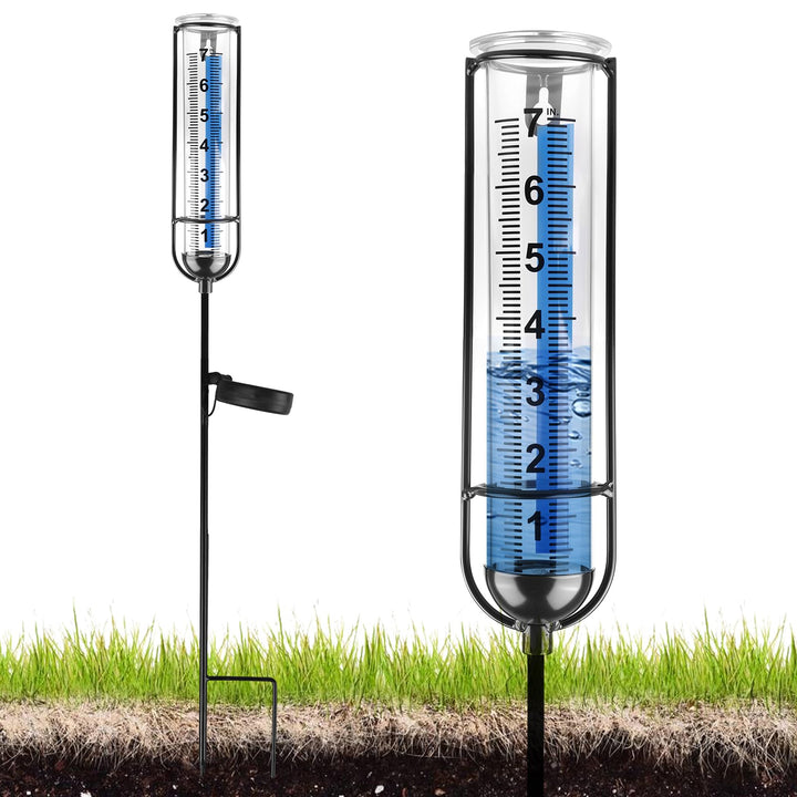 HOSPAOP Solar Regenmesser für Garten mit Erdspiess und LED, Niederschlagsmesser Frostsicher Glas für