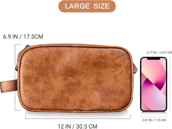 Elviros Kulturbeutel PU-Leder für Reise Herren, grosse wasserdichte Waschtasche Männer, Kulturtasche