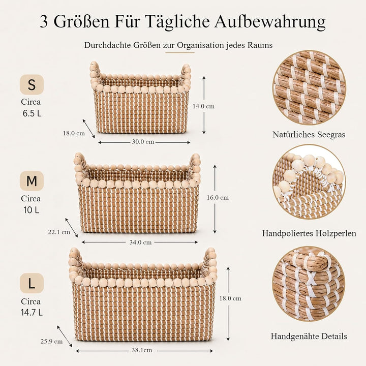 3 Stk Aufbewahrungs Boxen Dekorativer Korb aus Seegras Kisten Badezimmer Körbe Geflochten Spielzeug