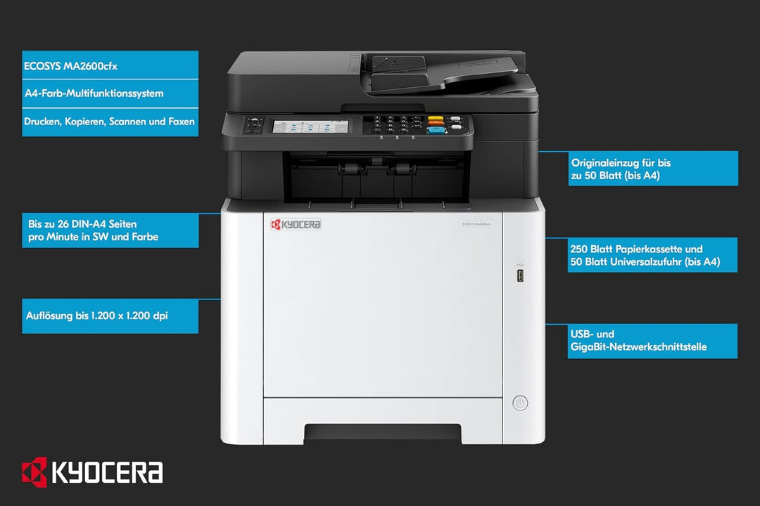 Kyocera Ecosys MA2600cfx/Plus Laserdrucker Multifunktionsgerät Farbe: Drucker Scanner Kopierer, Fax.