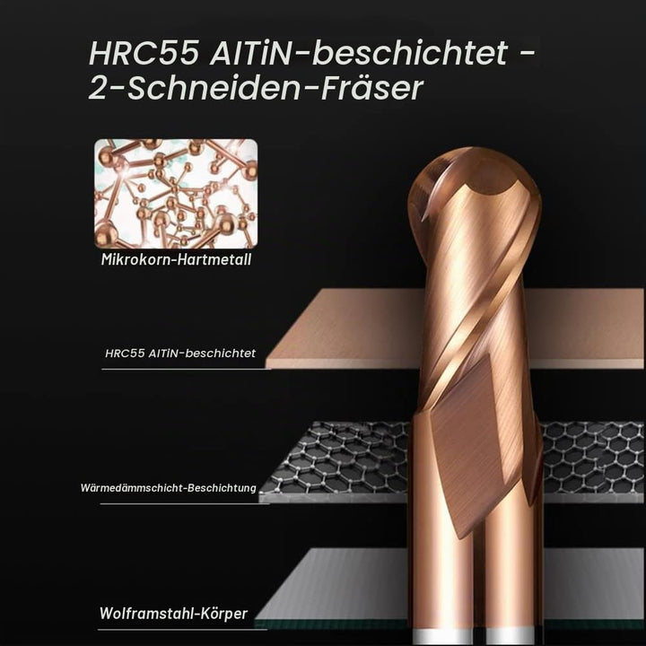 ASNOMY 2 Stück VHM Radiusfräser Kugelkopffräser - Ø 6mm, AlTiN Beschichtung HRC 55, Hartmetall-Kugel