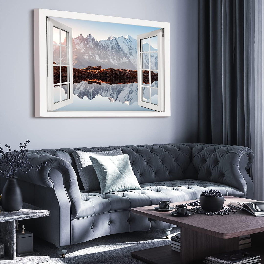 PICANOVA – Bild auf Leinwand Monte Bianco Alpen Bergsee Chesery Fenster 120x80cm Leinwandbild – Prem