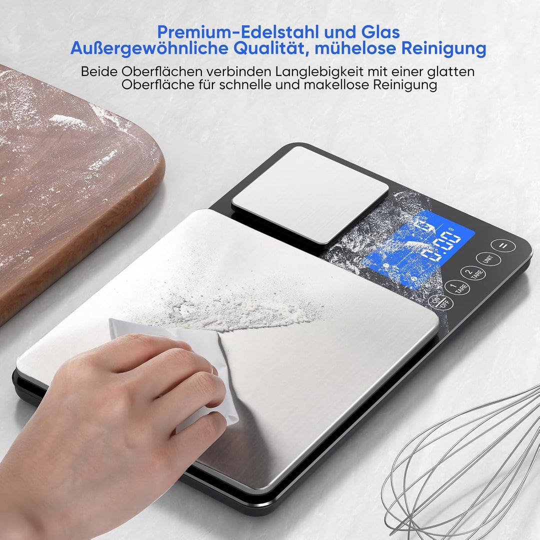 Küchenwaage Digital 15 kg / 0,01 g, Hochpräzise Zweibereichs Waage Küche mit Addierfunktion, Tara-Fu